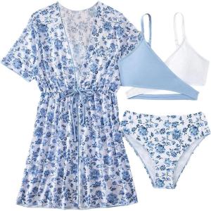 imageMilumia Girls 3 Piece Swimwear Floral Print Criss Cross Bikini Set with Cover UpsMulticolor