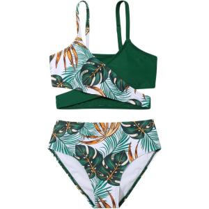 imageMilumia Girls Cute 2 Piece Floral Criss Cross Bathing Suit Wrap Bikini SwimsuitMulti Dark Green