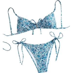 imageMilumia Womens 2 Piece Swimsuit Floral Drawstring Spaghetti Strap Thong Bikini SetBlue