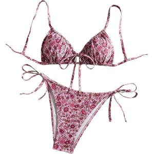 imageMilumia Womens 2 Piece Swimsuit Floral Drawstring Spaghetti Strap Thong Bikini SetPurple