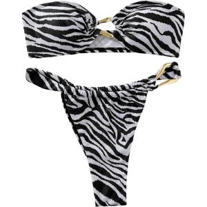 imageMilumia Womens 2 Piece Swimsuit Leopard Print Ring Linked Bandeau Bikini SetsBlack and White