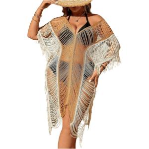 imageMilumia Womens Plus Size Color Block Open Stitch Dolman Sleeve Fringe Hem Cover Up DressApricot
