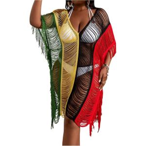 imageMilumia Womens Plus Size Color Block Open Stitch Dolman Sleeve Fringe Hem Cover Up DressRed Green Black