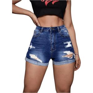 imageMilumia Womens Ripped Cut Out Skinny Denim Shorts Roll Up Hem Jean Shorts with Pockets Dark Blue XSmall