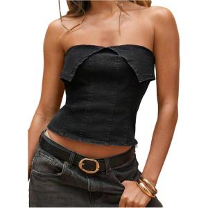 imageMilumia Womens Strapless Foldover Denim Tube Top Y2k Slim Fit Summer Bandeau Crop TopsBlack