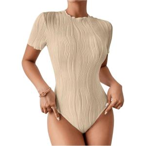 imageMilumia Womens Short Sleeve Mock Neck Bodysuits Textured Work Tops ShirtGinger