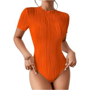 imageMilumia Womens Short Sleeve Mock Neck Bodysuits Textured Work Tops ShirtOrange