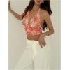 imageMilumia Womens Boho Paisley Print Tie Backless Halter Top Sleeveless Cropped TopsPink and Orange