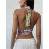 imageMilumia Womens Boho Paisley Print Tie Backless Halter Top Sleeveless Cropped TopsPurple