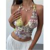 imageMilumia Womens Boho Paisley Print Tie Backless Halter Top Sleeveless Cropped TopsPurple