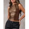 imageMilumia Womens Faux Leather Tank Top Shirt Ruched Fitted Going Out TopsMocha Brown