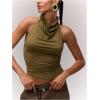 imageMilumia Womens High Neck Draped Tops Open Back Asymmetrical Hem Halter Crop Tank TopArmy Green