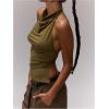 imageMilumia Womens High Neck Draped Tops Open Back Asymmetrical Hem Halter Crop Tank TopArmy Green