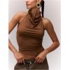 imageMilumia Womens High Neck Draped Tops Open Back Asymmetrical Hem Halter Crop Tank TopChocolate Brown