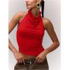 imageMilumia Womens High Neck Draped Tops Open Back Asymmetrical Hem Halter Crop Tank TopRed