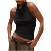 imageMilumia Womens High Neck Draped Tops Open Back Asymmetrical Hem Halter Crop Tank TopBlack