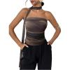 imageMilumia Womens Tie Dye Mesh Tube Top Y2k Ruched Strapless Bandeau Tops with ScarfChocolate Brown