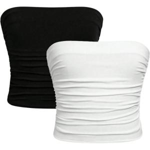 imageMilumia Girls 2 Pack Tube Top Ruched Strapless Going Out Basic Bandeau TopsBlack and White
