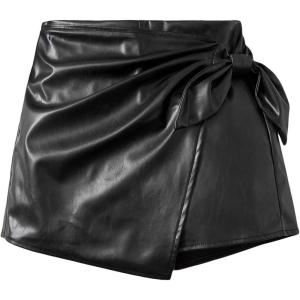 imageMilumia Girls PU Leather Wrap Knot Side Skorts Casual Ruched Elastic Waist ShortsBlack