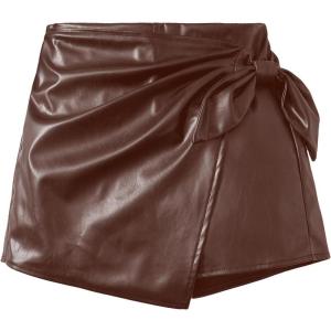 imageMilumia Girls PU Leather Wrap Knot Side Skorts Casual Ruched Elastic Waist ShortsDark Brown