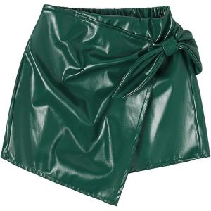 imageMilumia Girls PU Leather Wrap Knot Side Skorts Casual Ruched Elastic Waist ShortsGreen