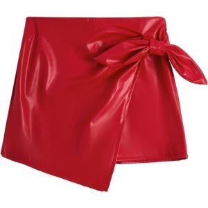 imageMilumia Girls PU Leather Wrap Knot Side Skorts Casual Ruched Elastic Waist ShortsRed