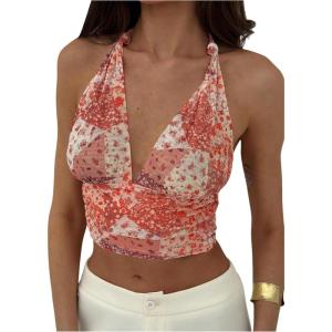 imageMilumia Womens Boho Paisley Print Tie Backless Halter Top Sleeveless Cropped TopsPink and Orange
