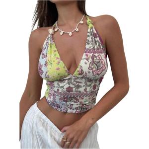 imageMilumia Womens Boho Paisley Print Tie Backless Halter Top Sleeveless Cropped TopsPurple