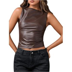 imageMilumia Womens Faux Leather Tank Top Shirt Ruched Fitted Going Out TopsBrown