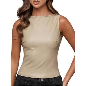 imageMilumia Womens Faux Leather Tank Top Shirt Ruched Fitted Going Out TopsKhaki