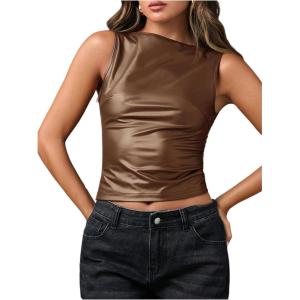 imageMilumia Womens Faux Leather Tank Top Shirt Ruched Fitted Going Out TopsMocha Brown