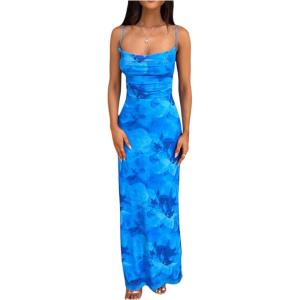 imageMilumia Womens Floral Backless Lace Up Spaghetti Strap Bodycon Maxi Dress Summer Cowl Neck Long Cami DressBlue