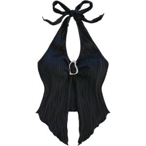 imageMilumia Womens Going Out Halter Top Y2k Slit Hem Backless Crop Tank Tops Rave ClubBlack