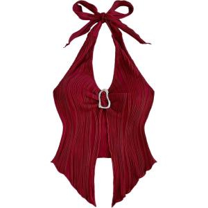 imageMilumia Womens Going Out Halter Top Y2k Slit Hem Backless Crop Tank Tops Rave ClubBurgundy