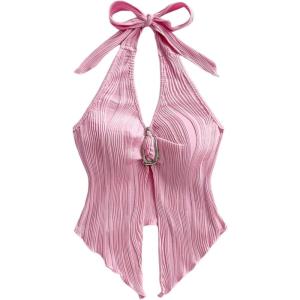 imageMilumia Womens Going Out Halter Top Y2k Slit Hem Backless Crop Tank Tops Rave ClubPink