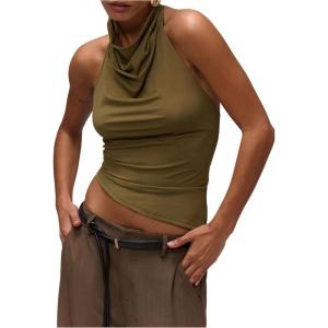 imageMilumia Womens High Neck Draped Tops Open Back Asymmetrical Hem Halter Crop Tank TopArmy Green