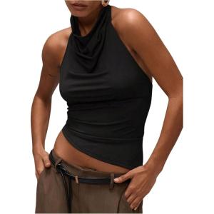 imageMilumia Womens High Neck Draped Tops Open Back Asymmetrical Hem Halter Crop Tank TopBlack