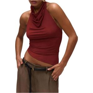 imageMilumia Womens High Neck Draped Tops Open Back Asymmetrical Hem Halter Crop Tank TopBurgundy