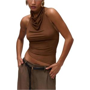 imageMilumia Womens High Neck Draped Tops Open Back Asymmetrical Hem Halter Crop Tank TopChocolate Brown