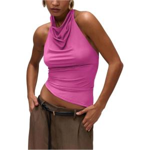 imageMilumia Womens High Neck Draped Tops Open Back Asymmetrical Hem Halter Crop Tank TopHot Pink