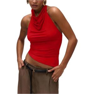 imageMilumia Womens High Neck Draped Tops Open Back Asymmetrical Hem Halter Crop Tank TopRed
