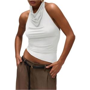 imageMilumia Womens High Neck Draped Tops Open Back Asymmetrical Hem Halter Crop Tank TopWhite