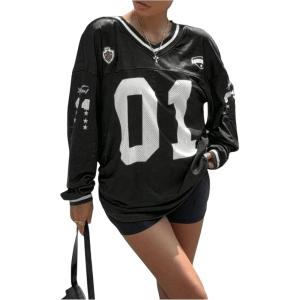 imageMilumia Womens Mesh Oversized Long Sleeve Jersey Shirt Y2k Number Graphic Tees Blokette T Shirt Top StreetwearBlack