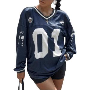 imageMilumia Womens Mesh Oversized Long Sleeve Jersey Shirt Y2k Number Graphic Tees Blokette T Shirt Top StreetwearBlue