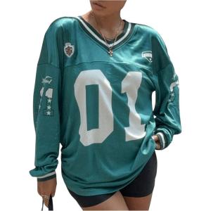 imageMilumia Womens Mesh Oversized Long Sleeve Jersey Shirt Y2k Number Graphic Tees Blokette T Shirt Top StreetwearDark Green