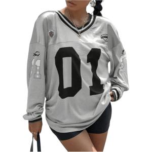 imageMilumia Womens Mesh Oversized Long Sleeve Jersey Shirt Y2k Number Graphic Tees Blokette T Shirt Top StreetwearGrey