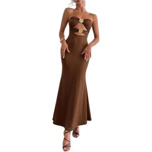 imageMilumia Womens Metal Decor Cut Out Strapless Bodycon Maxi Dress Fishtail Tube Top Dresses Party CocktailBrown
