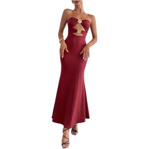 imageMilumia Womens Metal Decor Cut Out Strapless Bodycon Maxi Dress Fishtail Tube Top Dresses Party CocktailBurgundy