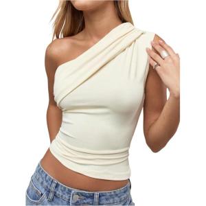 imageMilumia Womens One Shoulder Ruched Tank Top Sleeveless Going Out Tops Clubbing PartyApricot