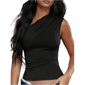 imageMilumia Womens One Shoulder Ruched Tank Top Sleeveless Going Out Tops Clubbing PartyBlack